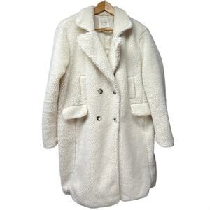 Stoosh Ivory Teddy Sherpa Long Coat Size Medium Fleece Double Breasted Soft Cozy